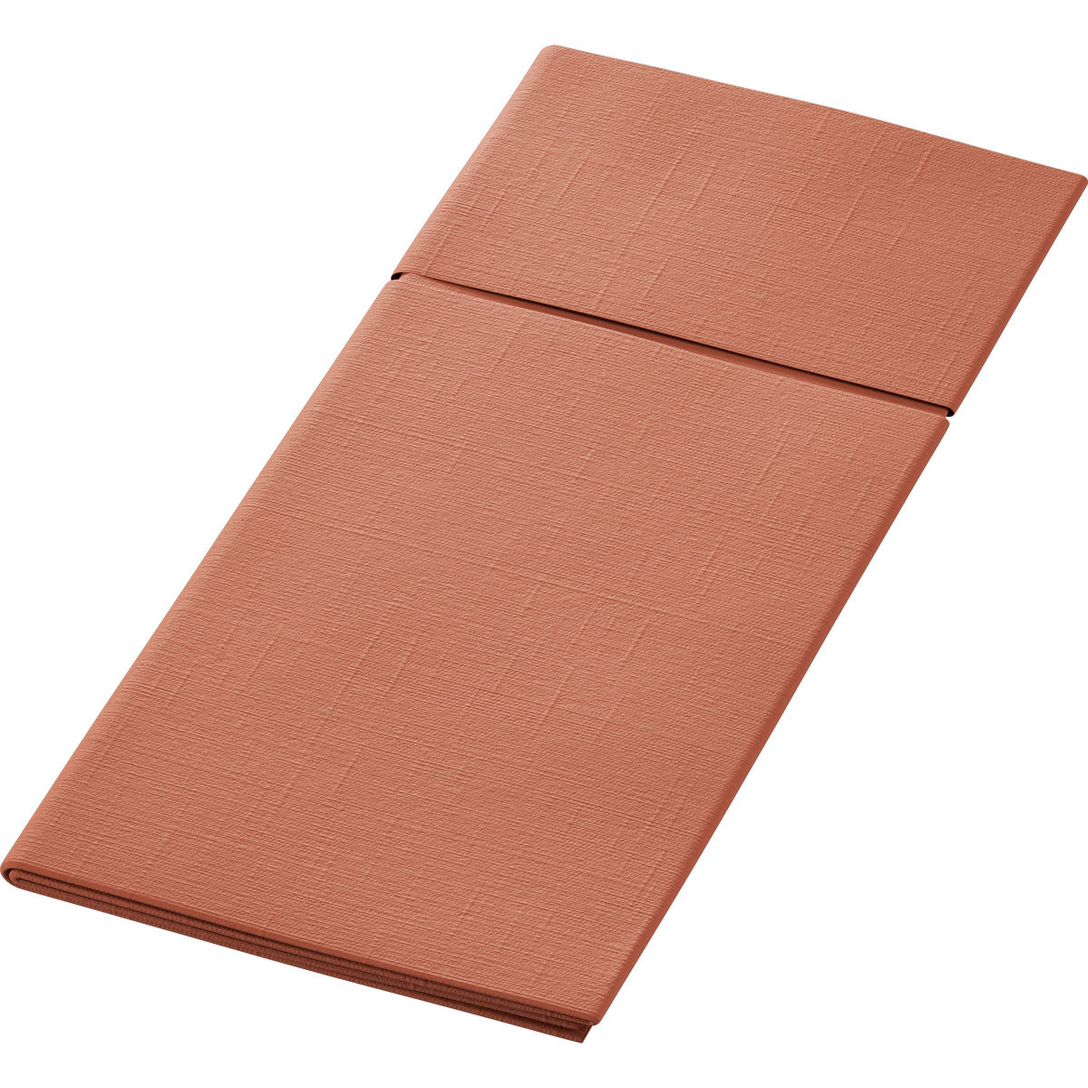 The Bio Duniletto Slim 400 x 330 mm from Duni GmbH is a folded, rectangular mat in muted reddish-brown with a subtle texture, made from sustainable materials - ideal as an eco-friendly table decoration on any white surface.