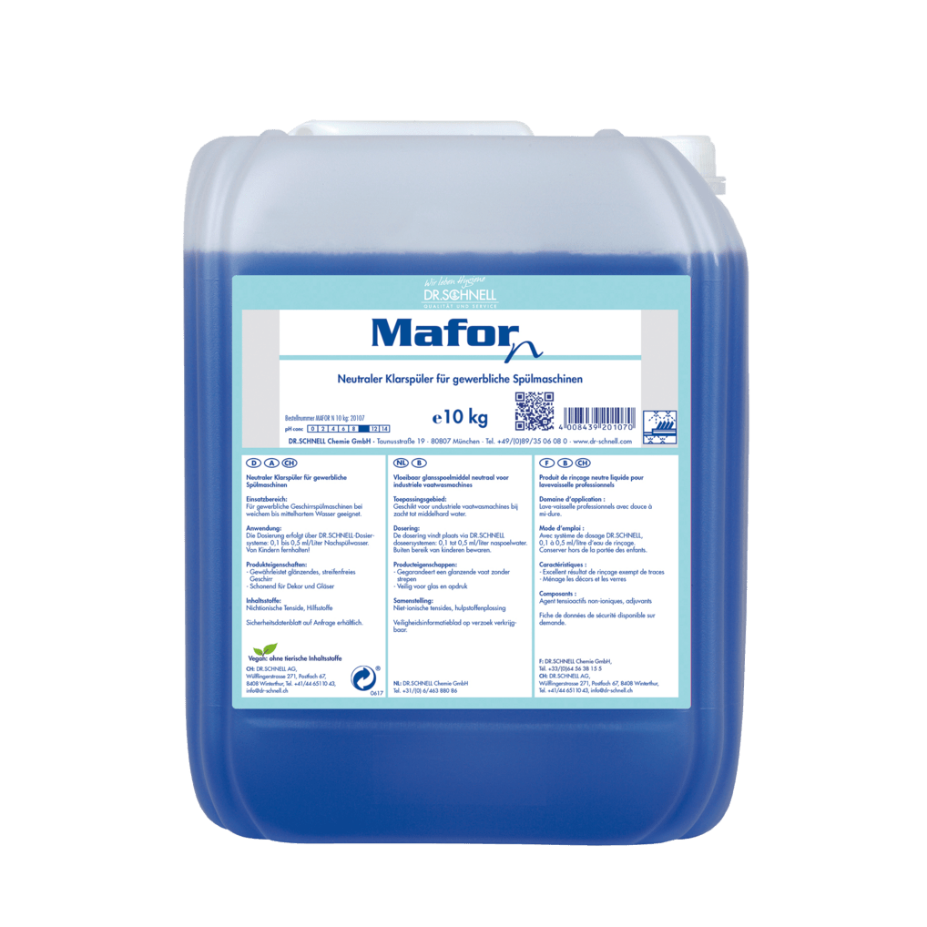 Ein 10 kg durchsichtiger Kunststoffbehälter von Dr. Schnell MAFOR N 1 Klarspüler für Geschirrspülmaschinen von DR.SCHNELL GmbH & Co. KGaA, gefüllt mit blauer Flüssigkeit; Frontetikett in deutscher Sprache mit der Angabe streifenfreier Glanz in gewerblichen Spülmaschinen.