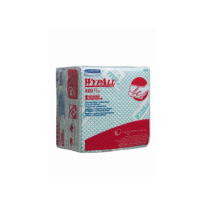 A package of WypAll® X80 Plus Critical Clean Quarterfolded in Green by Kimberly-Clark GmbH is depicted upright. It consists of a predominantly white packaging with red and blue graphics, including an illustration of hands cleaning a surface.