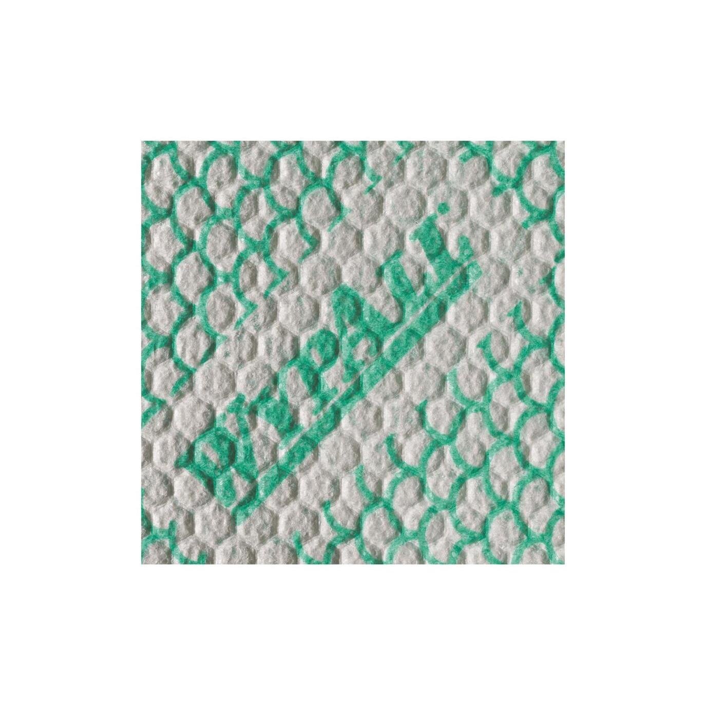Close-up of a white, textured WypAll® X80 Plus Critical Clean Cloth by Kimberly-Clark GmbH with green pattern and partial branding, similar to the cleaning cloth for critical environments.