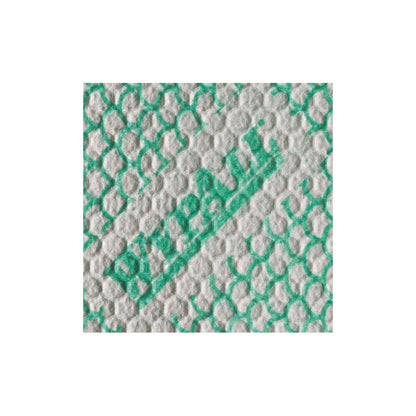 Close-up of a white, textured WypAll® X80 Plus Critical Clean Cloth by Kimberly-Clark GmbH with green pattern and partial branding, similar to the cleaning cloth for critical environments.