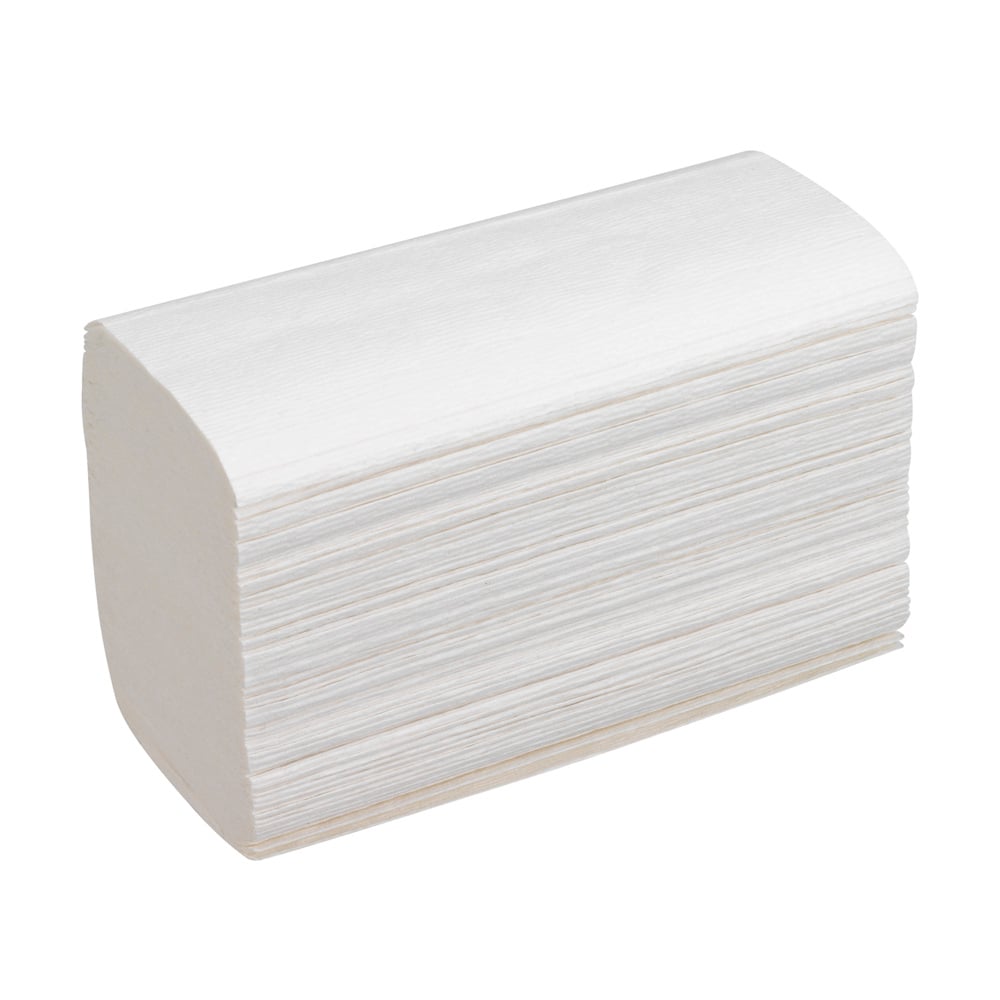 Stacked white Scott® SCOTTFOLD* hand towels from Kimberly-Clark GmbH (folded, medium, 25 clips x 175 sheets) are neatly arranged on a plain background - ideal for efficient hand drying in any washroom.