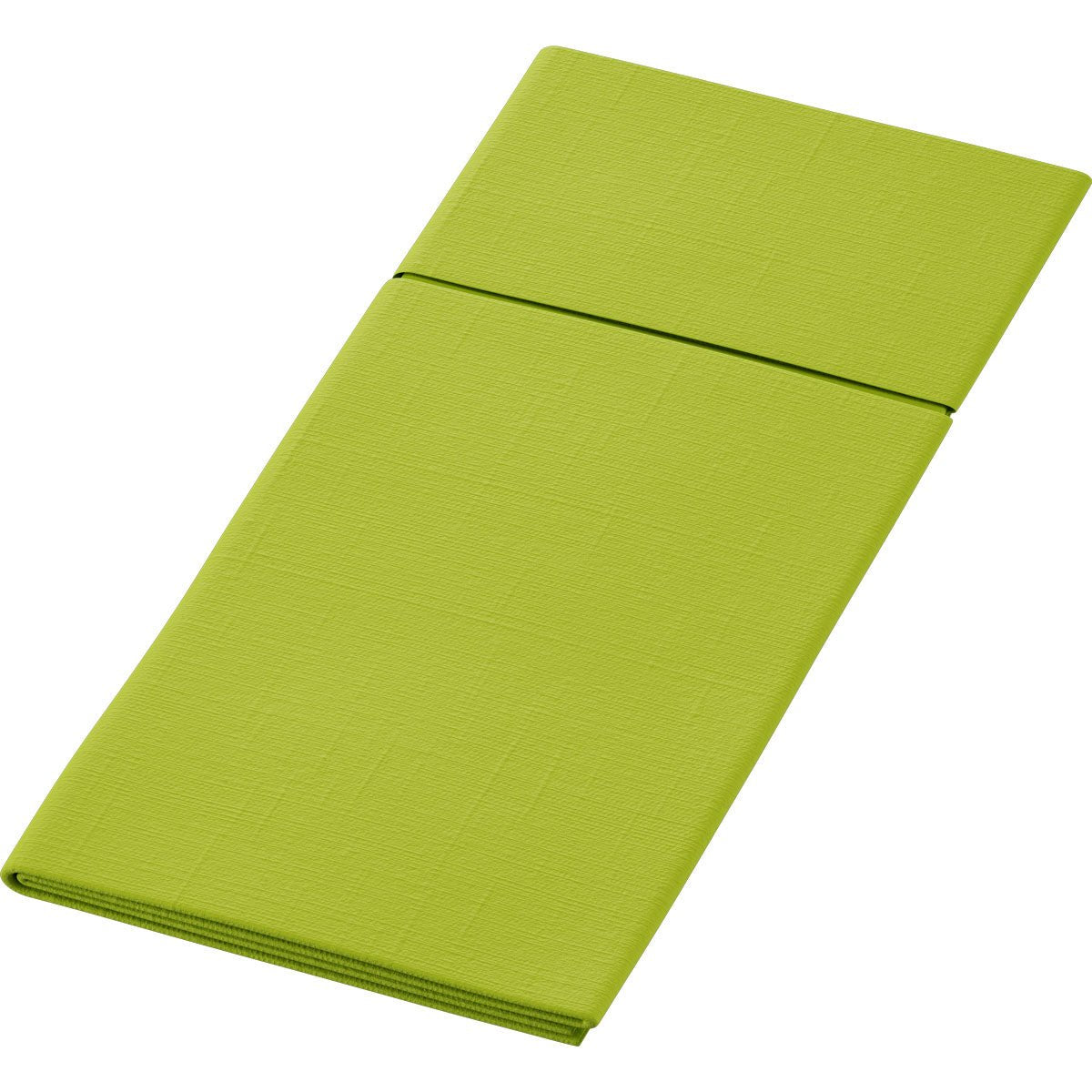 A folded, rectangular Bio Duniletto Slim 400 x 330 mm from Duni GmbH in lime green, made from sustainable materials with a subtle texture pattern, depicted on a white background.