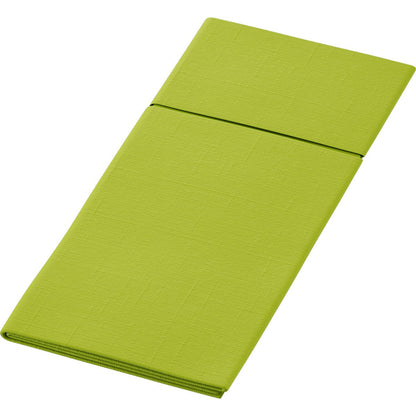 A folded, rectangular Bio Duniletto Slim 400 x 330 mm from Duni GmbH in lime green, made from sustainable materials with a subtle texture pattern, depicted on a white background.