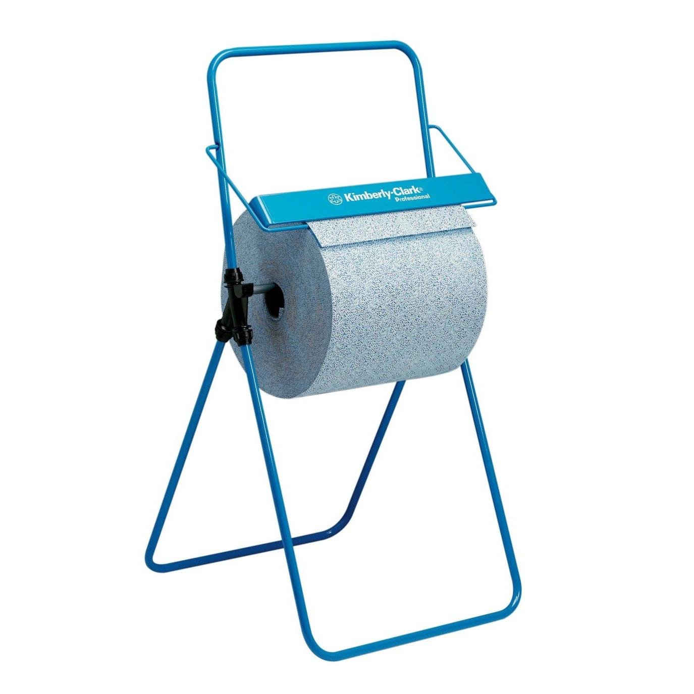 The Kimberly-Clark Professional™ floor stand for wiper rolls (large roll, blue) from Kimberly-Clark GmbH holds a large roll of wipes and features a handle as well as a labeled tear-off bar for easy tearing.
