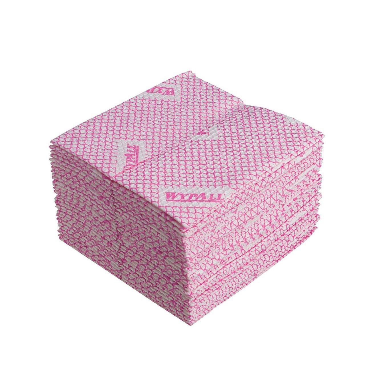 A stack of WypAll® X80 Plus Critical Clean cleaning cloths, red and quarter-folded, from Kimberly-Clark GmbH is evenly stacked. The cloths are ideal for critical cleaning tasks thanks to their textured surface.