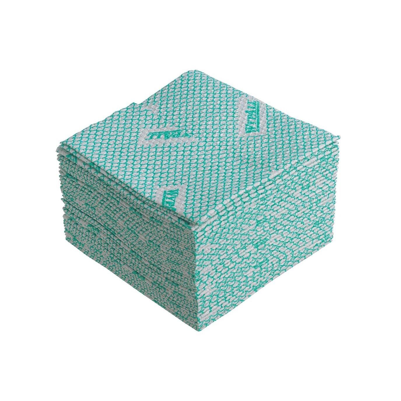 A stack of green WypAll® X80 Plus Critical Clean Cleaning Cloths by Kimberly-Clark GmbH (quarterfolded, 8 bags x 30 cloths) lies neatly against a white background - ideal for critical environments.