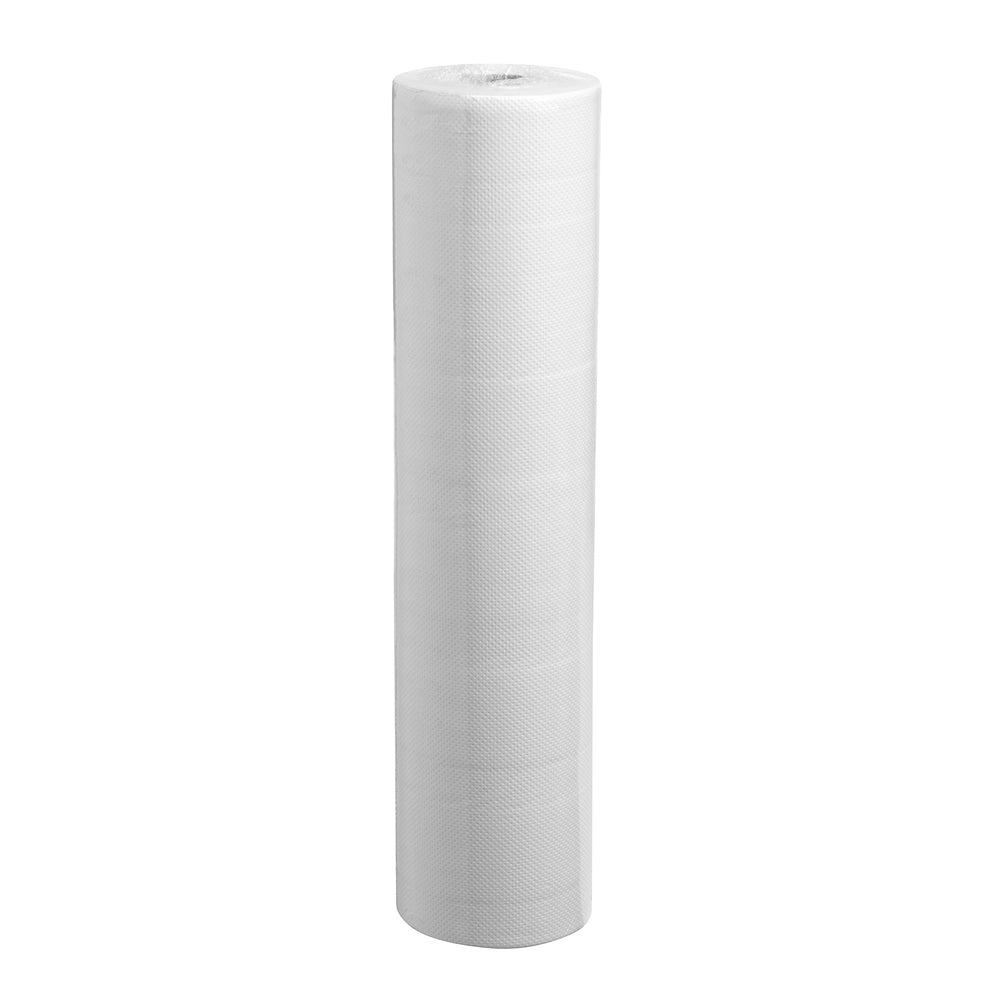A single Scott® ESSENTIAL™ medical roll - White by Kimberly-Clark GmbH stands upright against a plain white background. Its finely textured surface emphasizes hygienic use in medical environments.