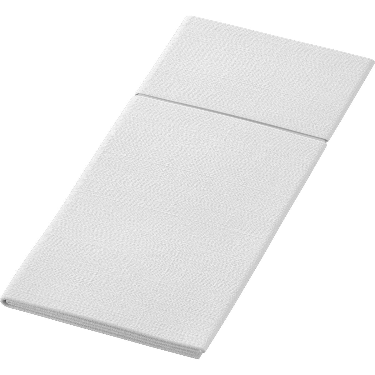 The Bio Duniletto Slim 400 x 330 mm from Duni GmbH is a folded white cloth napkin with a subtle texture pattern, laid diagonally for an eco-friendly table decoration.