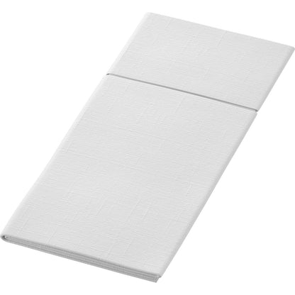 The Bio Duniletto Slim 400 x 330 mm from Duni GmbH is a folded white cloth napkin with a subtle texture pattern, laid diagonally for an eco-friendly table decoration.