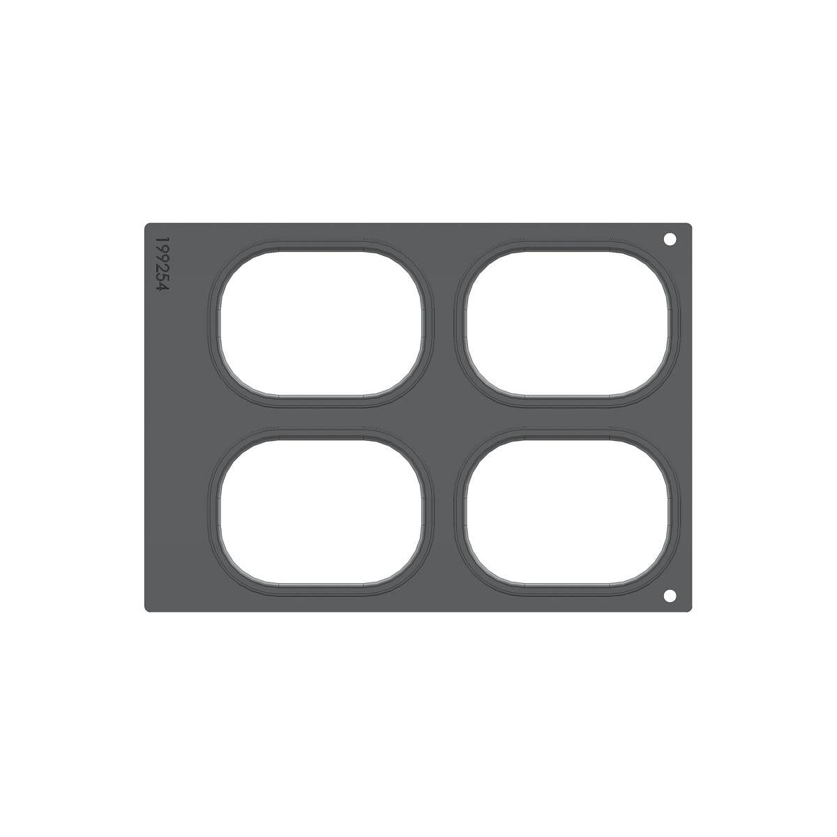The cassette DF 10/DF20 for Brick Mini (4-use) by Duni GmbH is a gray silicone mold with four large, rounded, rectangular cavities, a small hole at the top right, and the number 199254 - perfect for packaging and storage.