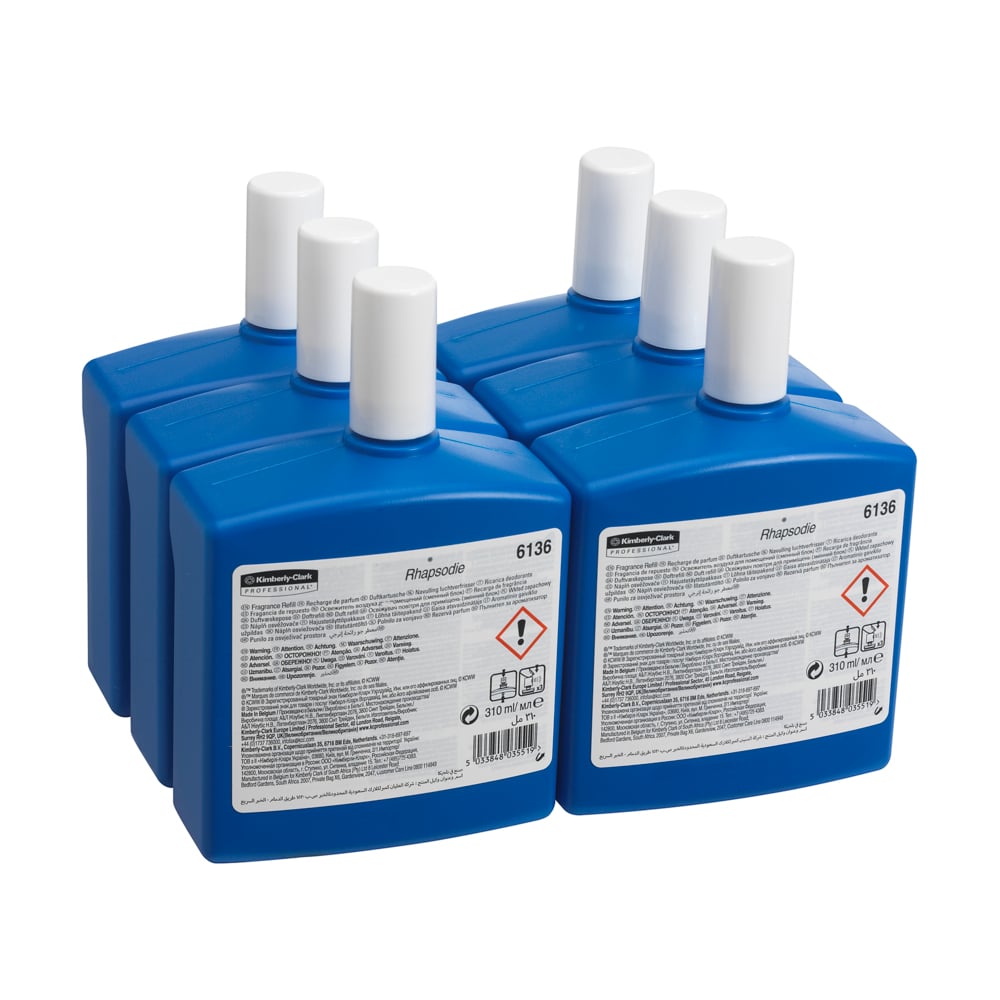 Six transparent, rectangular bottles with white caps are arranged in two rows. Each 310 ml bottle, labeled with the branding of Kimberly-Clark GmbH, is a RHAPSODIE fragrance refill pack from the 6-pack carton for washroom air freshening.