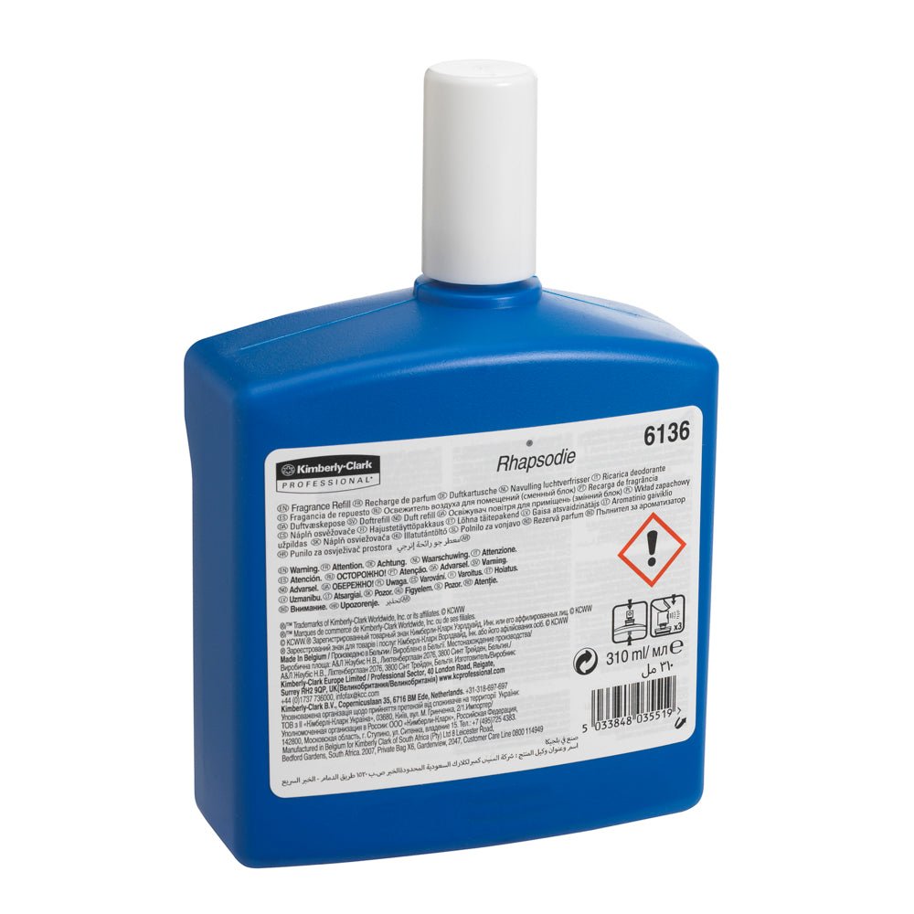 A transparent rectangular 310 ml Kimberly-Clark Professional™ RHAPSODIE fragrance refill pack with a white cap and multilingual label, sold as 6 cartridges per carton, ideal for air fresheners in washrooms. Brand: Kimberly-Clark GmbH.