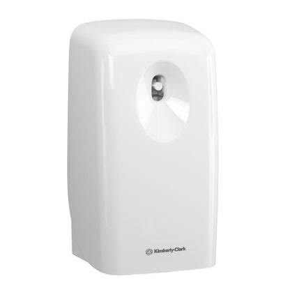A white automatic air freshener dispenser from Kimberly-Clark with a front nozzle, offering long-lasting freshness and compatible with Kleenex® Scent Joy refill pack (transparent, 300 ml - 6 cassettes | carton).