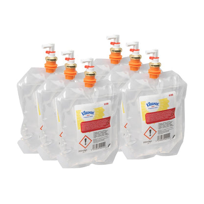 Six transparent 300 ml Kleenex® Scent Joy refill packs from Kimberly-Clark GmbH in a 6-pack cassette with an orange-white spout, labeled for the bathroom and marked with warning symbols.