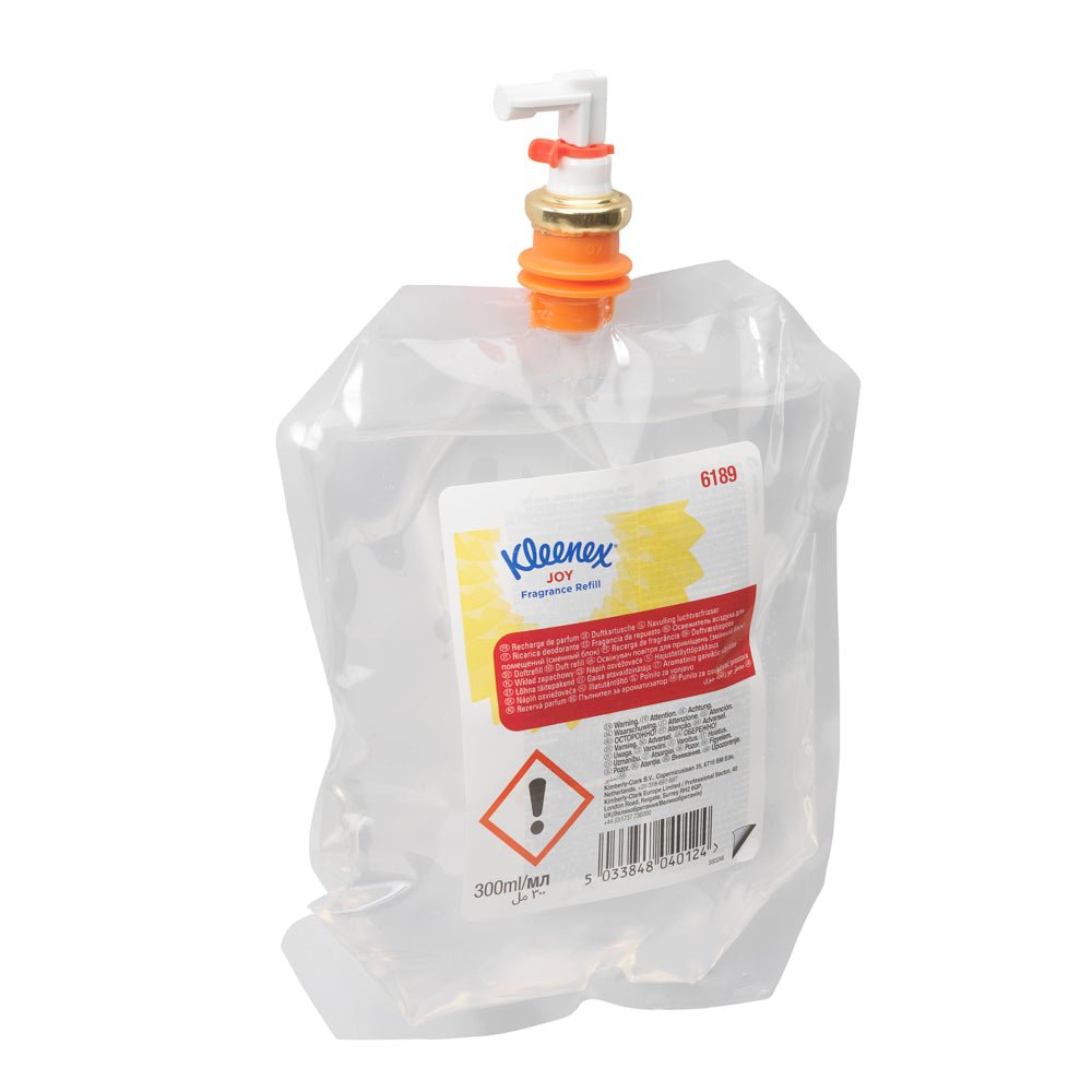 A transparent 300 ml Kleenex® Scent Joy refill pack from Kimberly-Clark GmbH with a white and orange cap, product details, and barcode - ideal for use in cassette bathroom air fresheners. The pack contains 6 refill bottles per carton.
