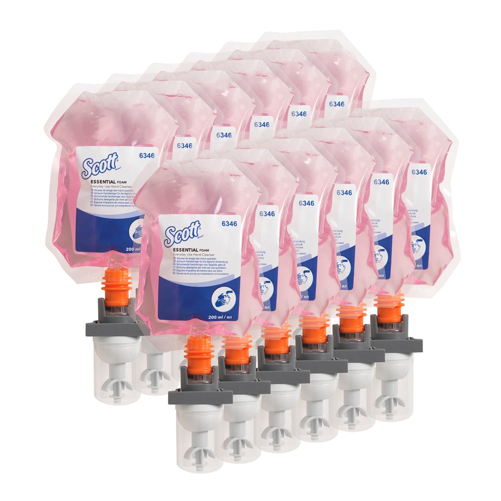 Twelve pink 200-ml Scott® ESSENTIAL™ foam soap cartridges by Kimberly-Clark GmbH are lined up behind twelve gray and orange dispenser cartridges.