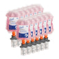 Twelve pink 200-ml Scott® ESSENTIAL™ foam soap cartridges by Kimberly-Clark GmbH are lined up behind twelve gray and orange dispenser cartridges.
