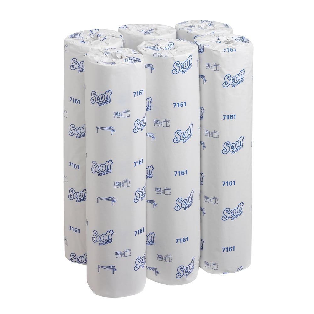 Six upright Scott® ESSENTIAL™ medical rolls - White by Kimberly-Clark GmbH in white packaging with blue branding and product number 7161, individually wrapped - the ideal hygiene solution for medical areas.
