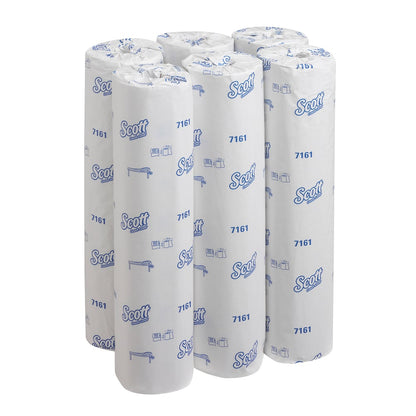 Six upright Scott® ESSENTIAL™ medical rolls - White by Kimberly-Clark GmbH in white packaging with blue branding and product number 7161, individually wrapped - the ideal hygiene solution for medical areas.