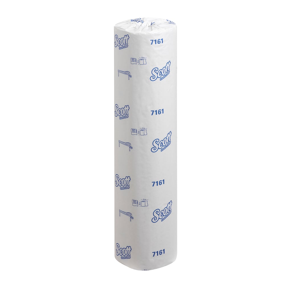 A single tall, cylindrical Scott® ESSENTIAL™ medical roll - White by Kimberly-Clark GmbH, in hygienic white packaging with blue text and graphics, stands upright against a plain white background, ideal for medical environments.
