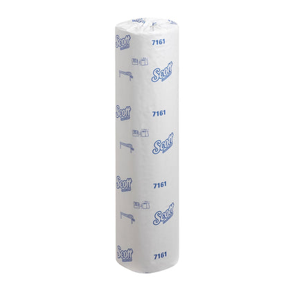 A single tall, cylindrical Scott® ESSENTIAL™ medical roll - White by Kimberly-Clark GmbH, in hygienic white packaging with blue text and graphics, stands upright against a plain white background, ideal for medical environments.