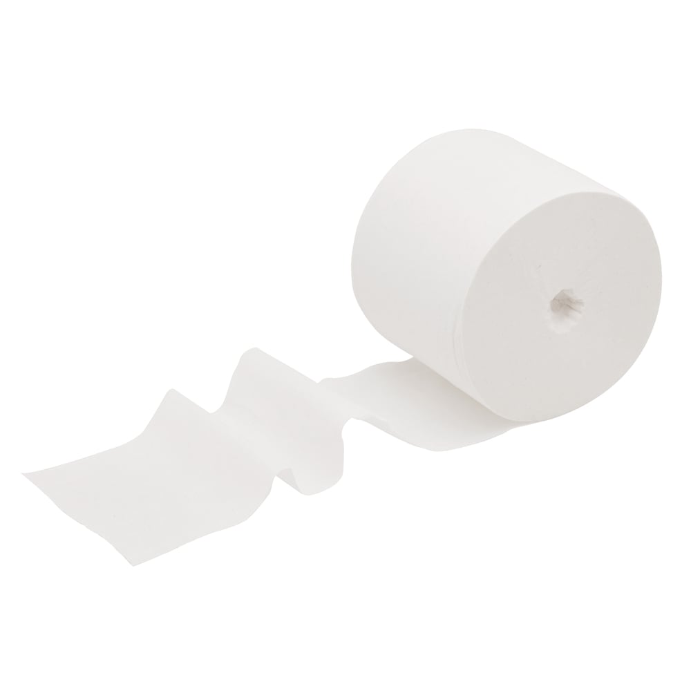 A partially unrolled Scott® Essential™ coreless toilet paper roll - White by Kimberly-Clark GmbH, with several sheets pulled out, is displayed against a solid white background.