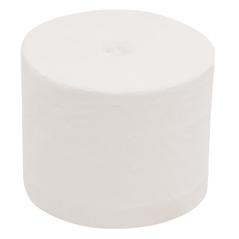 A plain, white Scott® Essential™ coreless toilet paper roll by Kimberly-Clark GmbH, photographed on a white background; 36 small rolls x 1000 sheets per box.