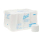 A pack of Scott® Essential™ coreless toilet paper rolls - White by Kimberly-Clark GmbH, contains 36 small rolls x 1000 sheets, packed in transparent plastic; one roll is attached outside the front of the box.