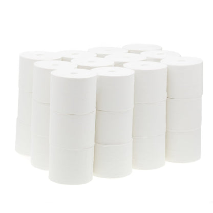 A neatly stacked group of 36 white, coreless Scott® Essential™ toilet paper rolls with 1000 sheets each by Kimberly-Clark GmbH, arranged upright on a plain white background.