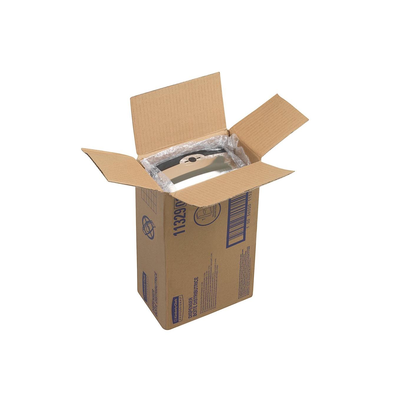 A box with an open top contains a Kimberly-Clark Professional™ Electronic Skincare Dispenser, touchless dispensing, 1.2 Ltr chrome cassette (Kimberly-Clark GmbH), partially wrapped in bubble wrap; barcodes and text are printed on the sides of the box.