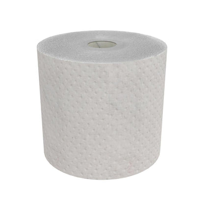 A Hostess™ NATURA towel roll in gray from Kimberly-Clark GmbH stands upright against a white background - ideal for sustainable workplace hygiene (6 rolls/carton, 1 sheet per roll).
