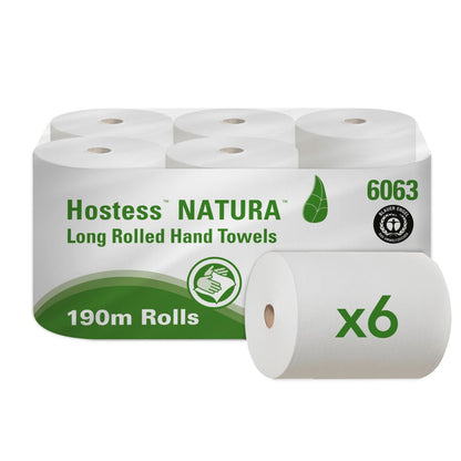 A pack of six gray Hostess™ NATURA towels from Kimberly-Clark GmbH, each 1-ply, with "190m Rolls" and certification logos on the packaging - ideal eco-friendly roll towels for everyday use.