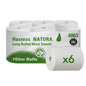 A pack of six gray Hostess™ NATURA towels from Kimberly-Clark GmbH, each 1-ply, with "190m Rolls" and certification logos on the packaging - ideal eco-friendly roll towels for everyday use.