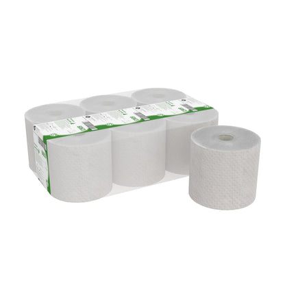 Six Hostess™ NATURA towel rolls (gray) from Kimberly-Clark GmbH are packaged in a transparent, green-white carton. One roll is displayed at the front, showing its texture - ideal, eco-friendly towels for any room.