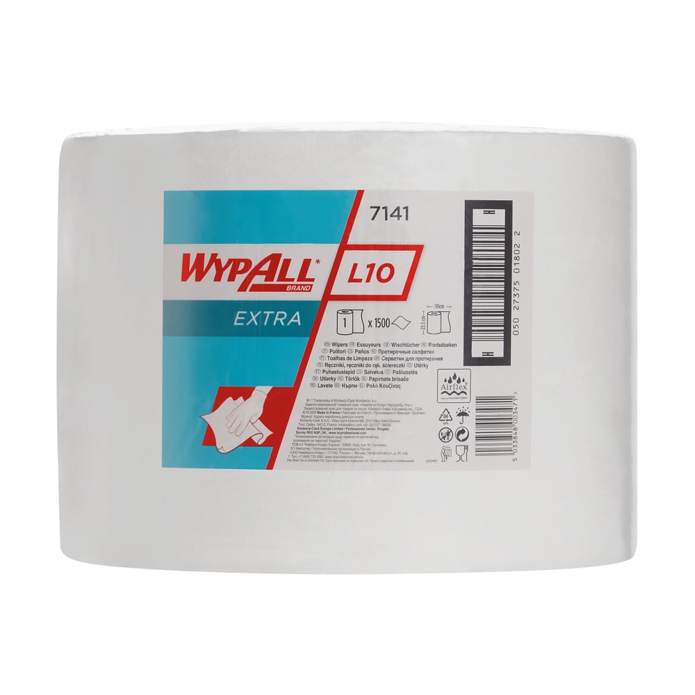 The WypAll® L10 EXTRA wiping cloths large roll in white (1 roll x 1500 sheets) from Kimberly-Clark GmbH is ideal for professional cleaning; dispenser instructions are printed directly on the packaging.