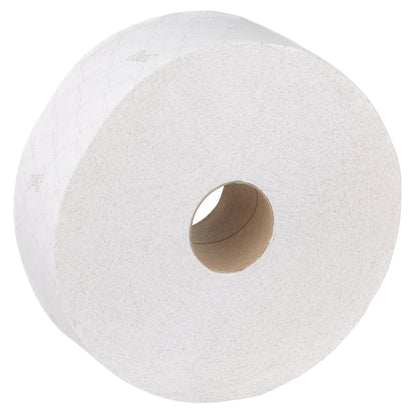 A Scott® ESSENTIAL™ toilet paper large roll from Kimberly-Clark GmbH (12 rolls x 474 sheets, white, cardboard core) stands upright against a white background - perfect for washrooms.