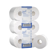 Twelve large rolls of Scott® ESSENTIAL™ toilet paper - large roll from Kimberly-Clark GmbH are packaged in blue and white, with product information and barcode - ideal for high-traffic washrooms. Each roll contains 474 sheets.