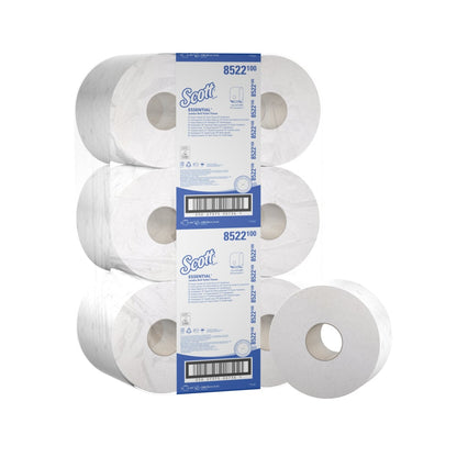 Twelve large rolls of Scott® ESSENTIAL™ toilet paper - large roll from Kimberly-Clark GmbH are packaged in blue and white, with product information and barcode - ideal for high-traffic washrooms. Each roll contains 474 sheets.