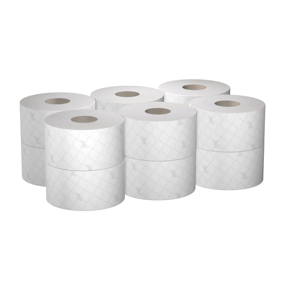 Twelve rolls of Scott® ESSENTIAL™ toilet paper from Kimberly-Clark GmbH with 474 sheets each are neatly packaged for hygienic washrooms - ideal for anyone looking for reliable toilet paper with high capacity.