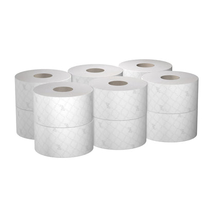 Twelve rolls of Scott® ESSENTIAL™ toilet paper from Kimberly-Clark GmbH with 474 sheets each are neatly packaged for hygienic washrooms - ideal for anyone looking for reliable toilet paper with high capacity.