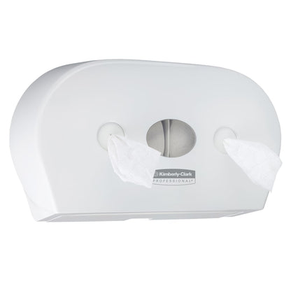 The Aquarius™ toilet paper dispenser - central pull by Kimberly-Clark GmbH is a white, wall-mounted jumbo tissue dispenser with a central window and openings on each side for paper access.