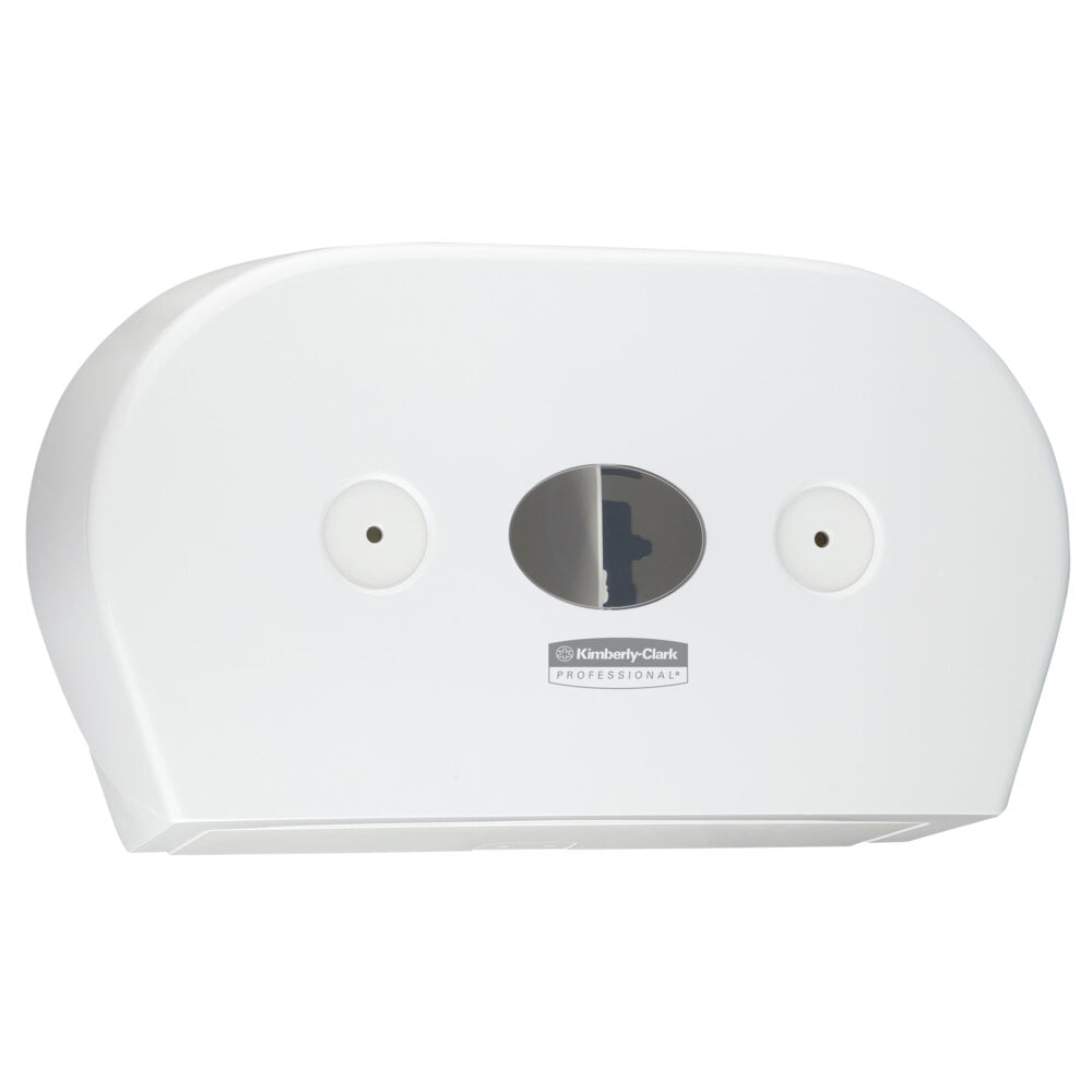 The wall-mounted Aquarius™ toilet paper dispenser - central pull in white (Jumbo) by Kimberly-Clark GmbH features an oval viewing window, two round central dispensers, and the Kimberly-Clark Professional logo below the window.