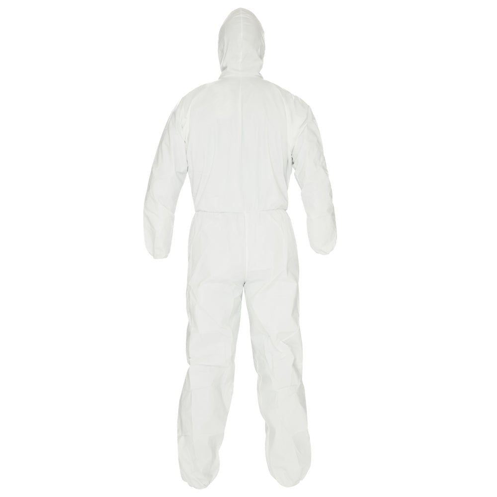 The KleenGuard® KGA10 protective suit from Kimberly-Clark GmbH in white is breathable, features a hood, and effectively protects the entire body - including feet, arms, and head - from particles.