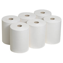 Six Scott® Control™ Slimroll™ paper towels - 6 rolls from Kimberly-Clark GmbH - are arranged in two rows of three rolls each, ideal for space-saving and hygienic hand drying on a white background.