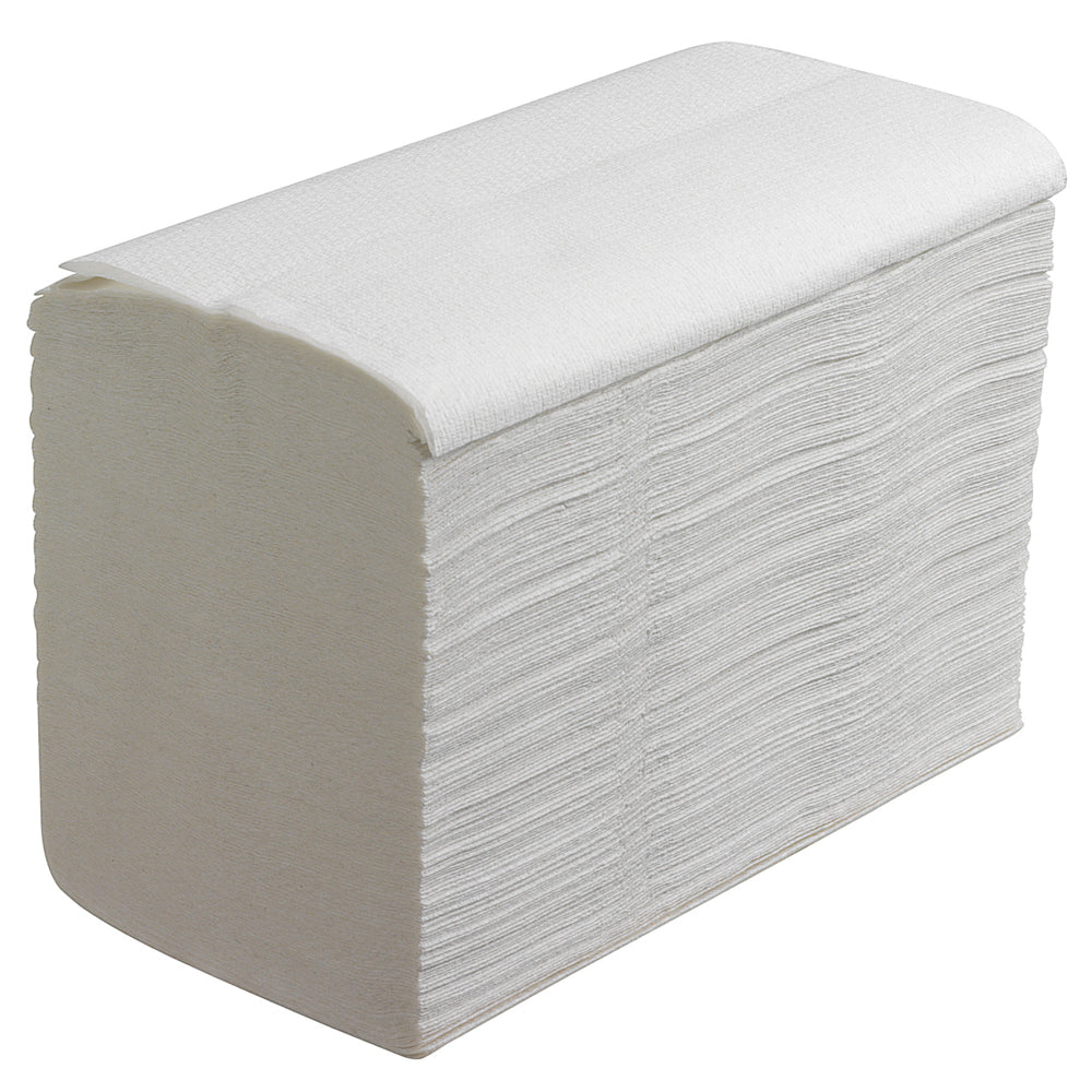 A stack of Scott® ESSENTIAL™ Interfold Hand Towels, White, Small (15 clips x 340 sheets), from Kimberly-Clark GmbH, neatly folded and arranged at an angle, with the top layer slightly protruding.