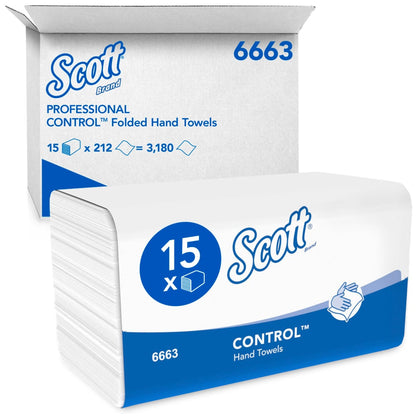 A box of Scott® CONTROL™ folded hand towels - White from Kimberly-Clark GmbH contains 15 packs with 212 sheets each (total: 3,180 sheets) for hygienic hand drying. The product number 6663 is visible on the packaging.