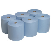 Six Scott® hand towel rolls from Kimberly-Clark GmbH (304.00 m x 19.80 cm) are arranged in two rows of three on a solid white background; each roll is light blue and has a cardboard core.