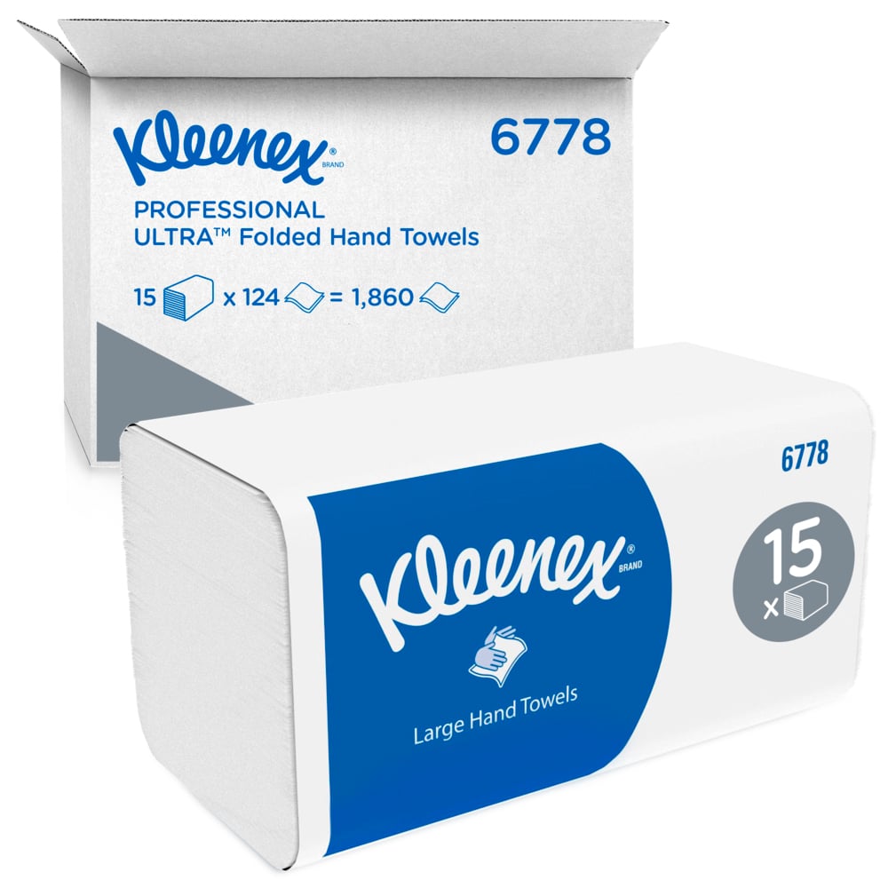 A Kleenex® folded hand towels White/Large-Pack of Kimberly-Clark GmbH stands in front of a branded shipping box, both with 15 clips x 124 sheets per box (15 packs), totaling 1,860 towels.