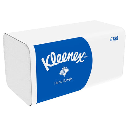A carton of Kleenex® folded hand towels - Interfold, White, 15 clips x 186 sheets by Kimberly-Clark GmbH - practical hygiene paper towels in handy packs for daily use.